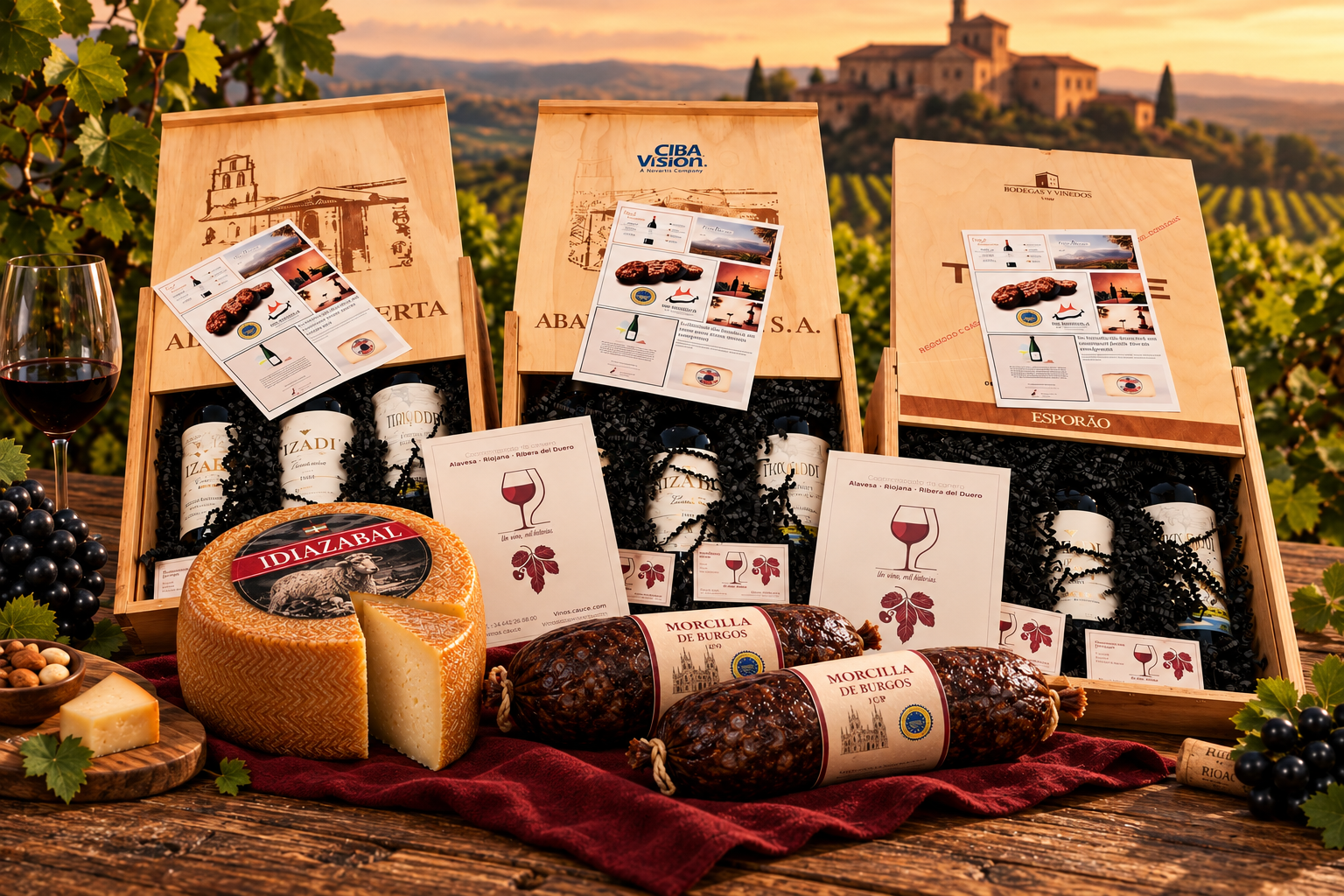 Cajas de vino Cauce junto a queso Idiazabal y dos morcillas de Burgos, sobre una mesa con mantel granate