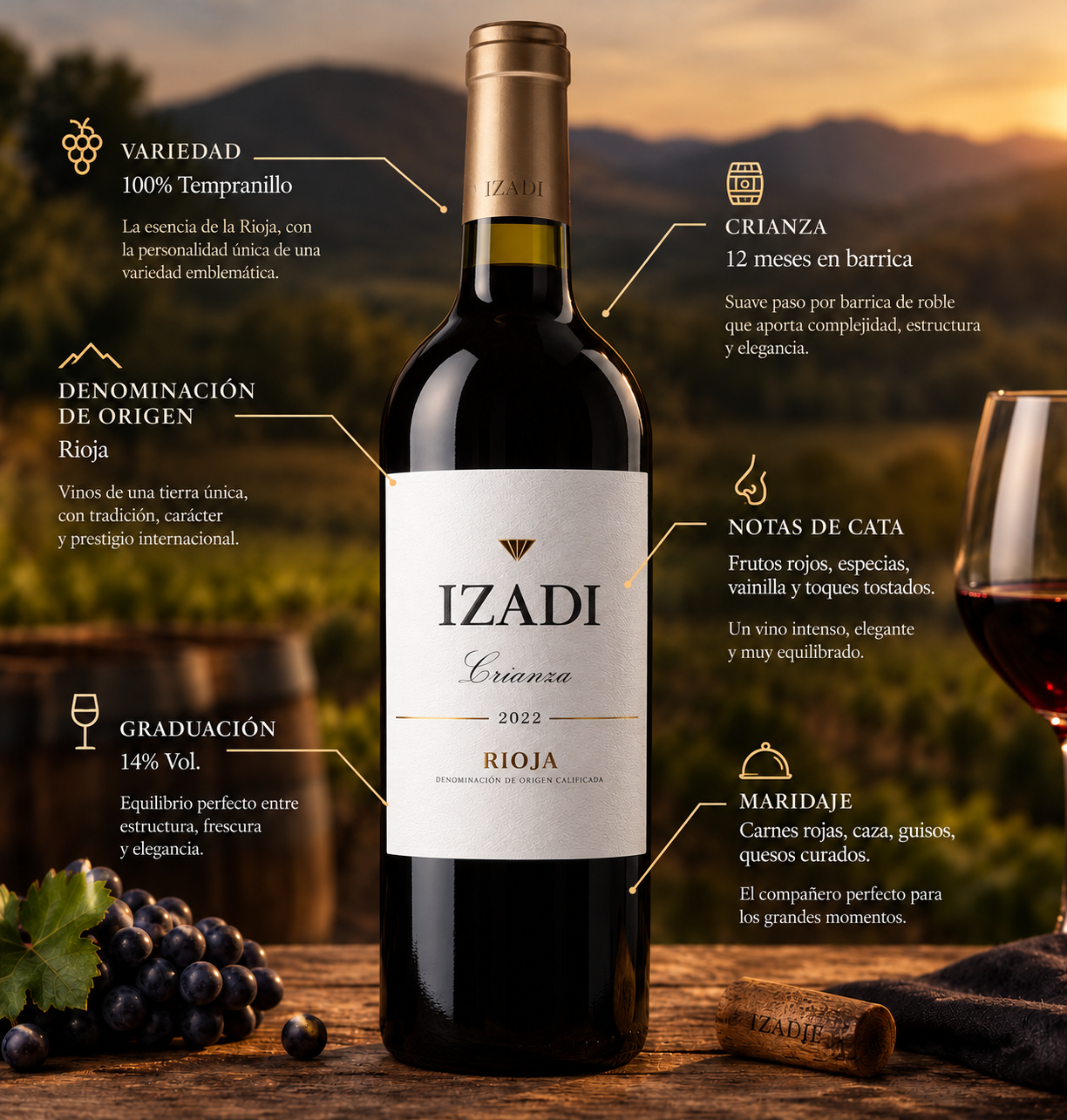 Ficha ilustrada del vino Izadi Crianza 2022